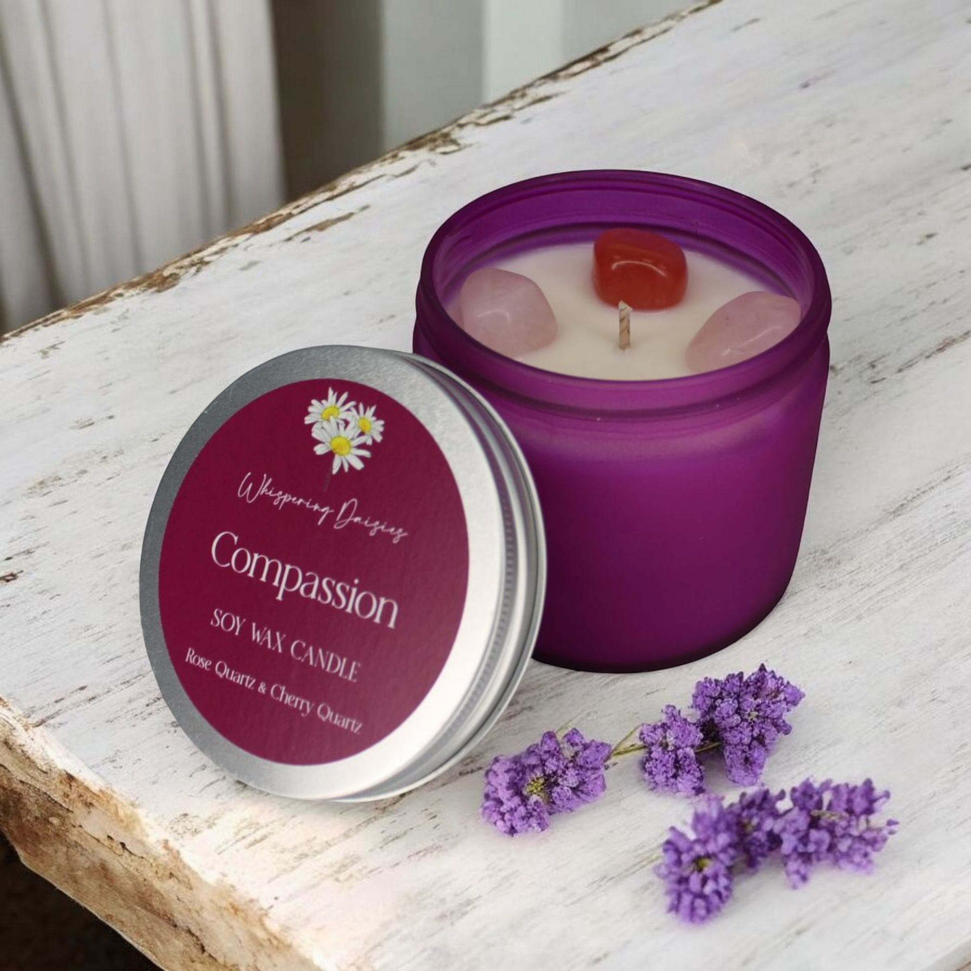 Handmade Compassion Candle with rose quartz and cherry quartz crystals, rose scent, in a glass jar by Whispering Daisies.