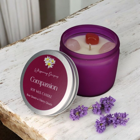 Handmade Compassion Candle with rose quartz and cherry quartz crystals, rose scent, in a glass jar by Whispering Daisies.