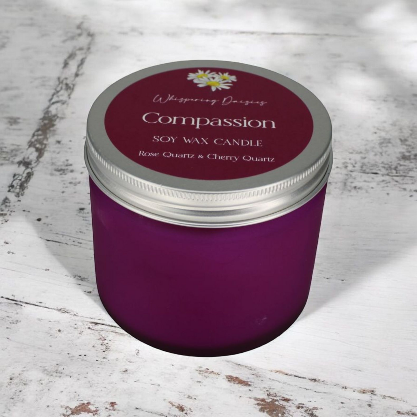 Handmade Compassion Candle with rose quartz and cherry quartz crystals, rose scent, in a glass jar by Whispering Daisies.