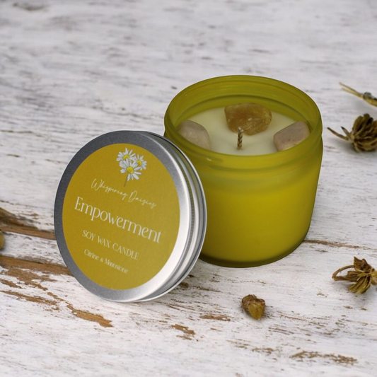 Empowerment Candle featuring citrine and moonstone crystals, citrus and floral fragrance, artisan-made in North Devon.