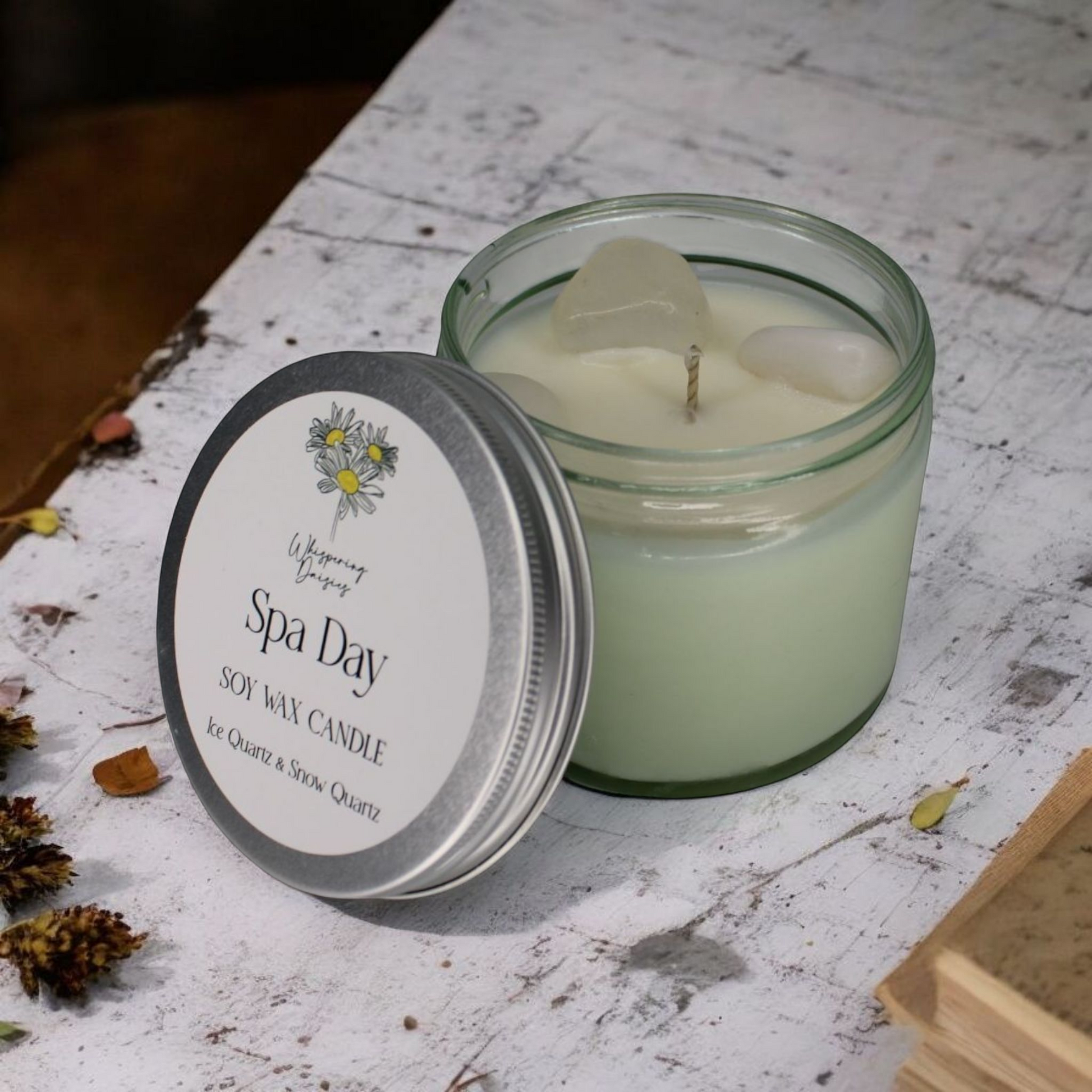 Spa Day Candle containing ice quartz and snow quartz crystals, spa-inspired floral fragrance, North Devon artisan candle.