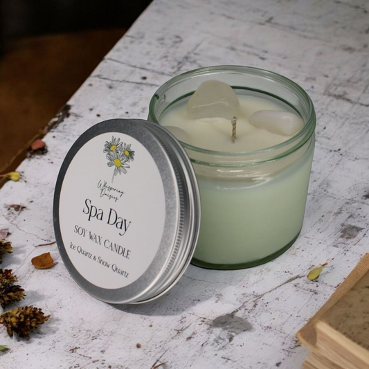 Spa Day Candle containing ice quartz and snow quartz crystals, spa-inspired floral fragrance, North Devon artisan candle.