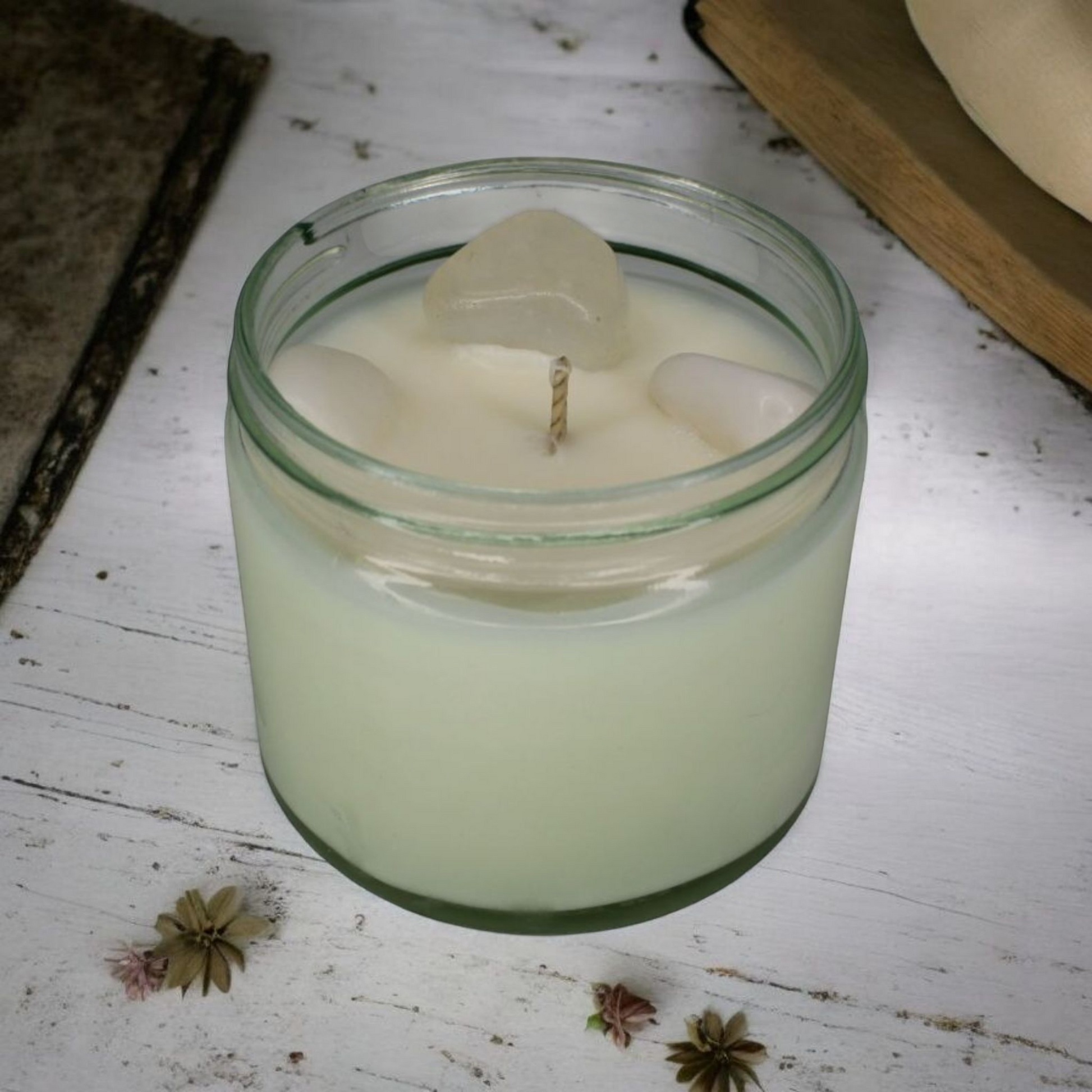 Spa Day Candle containing ice quartz and snow quartz crystals, spa-inspired floral fragrance, North Devon artisan candle.