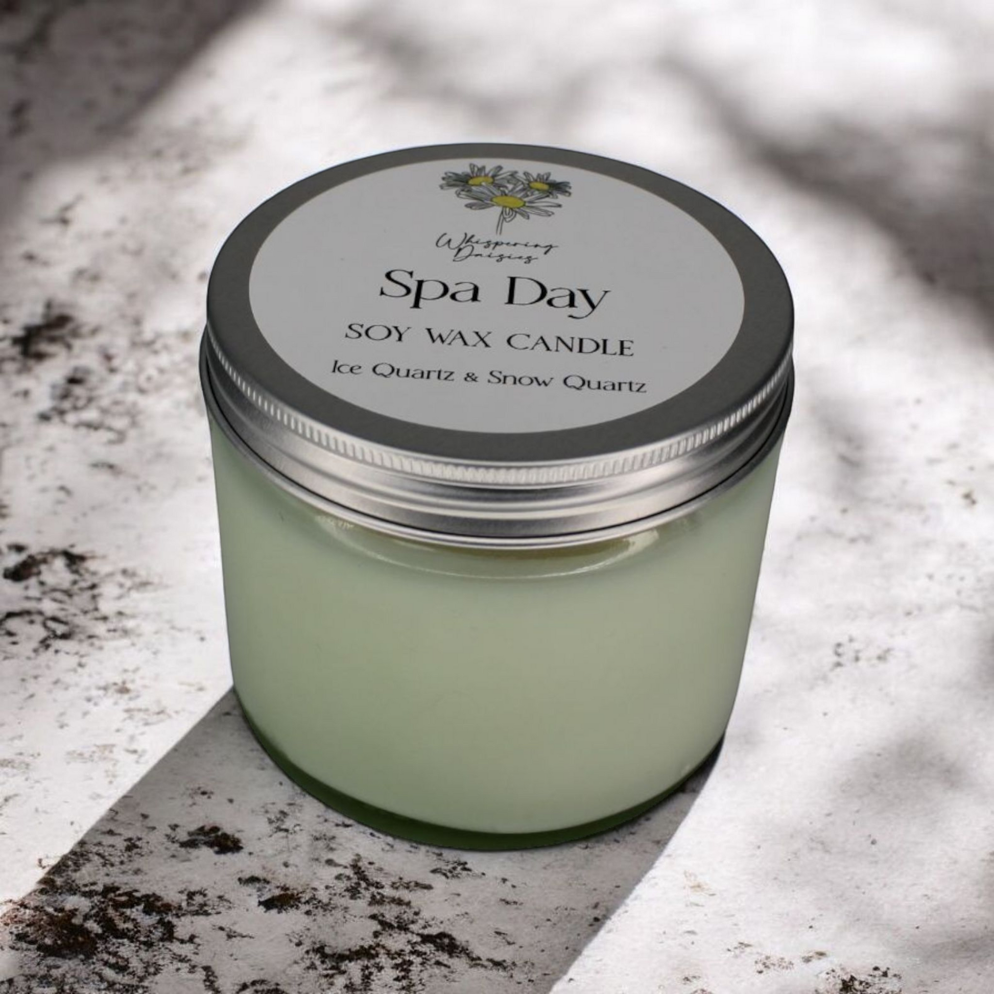 Spa Day Candle containing ice quartz and snow quartz crystals, spa-inspired floral fragrance, North Devon artisan candle.