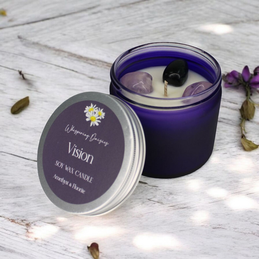 Vision Candle infused with fluorite and amethyst crystals, spa-like eucalyptus and mint scent, artisan-made candle.