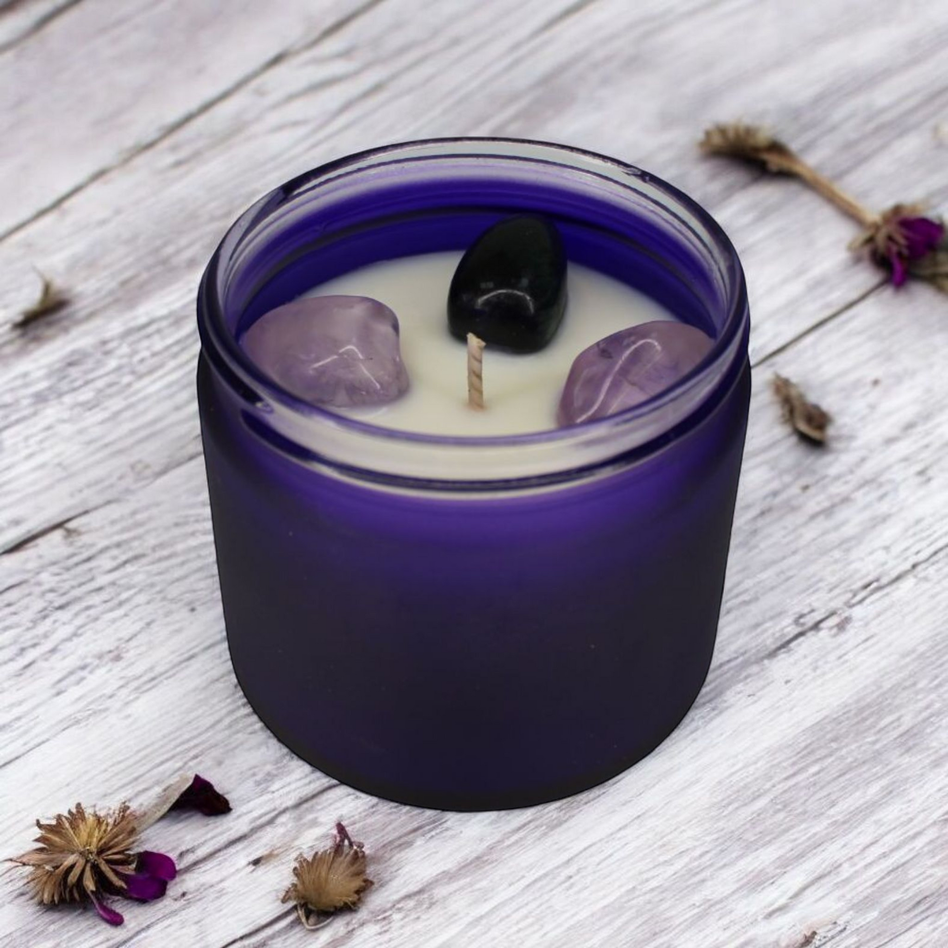 Vision Candle infused with fluorite and amethyst crystals, spa-like eucalyptus and mint scent, artisan-made candle.
