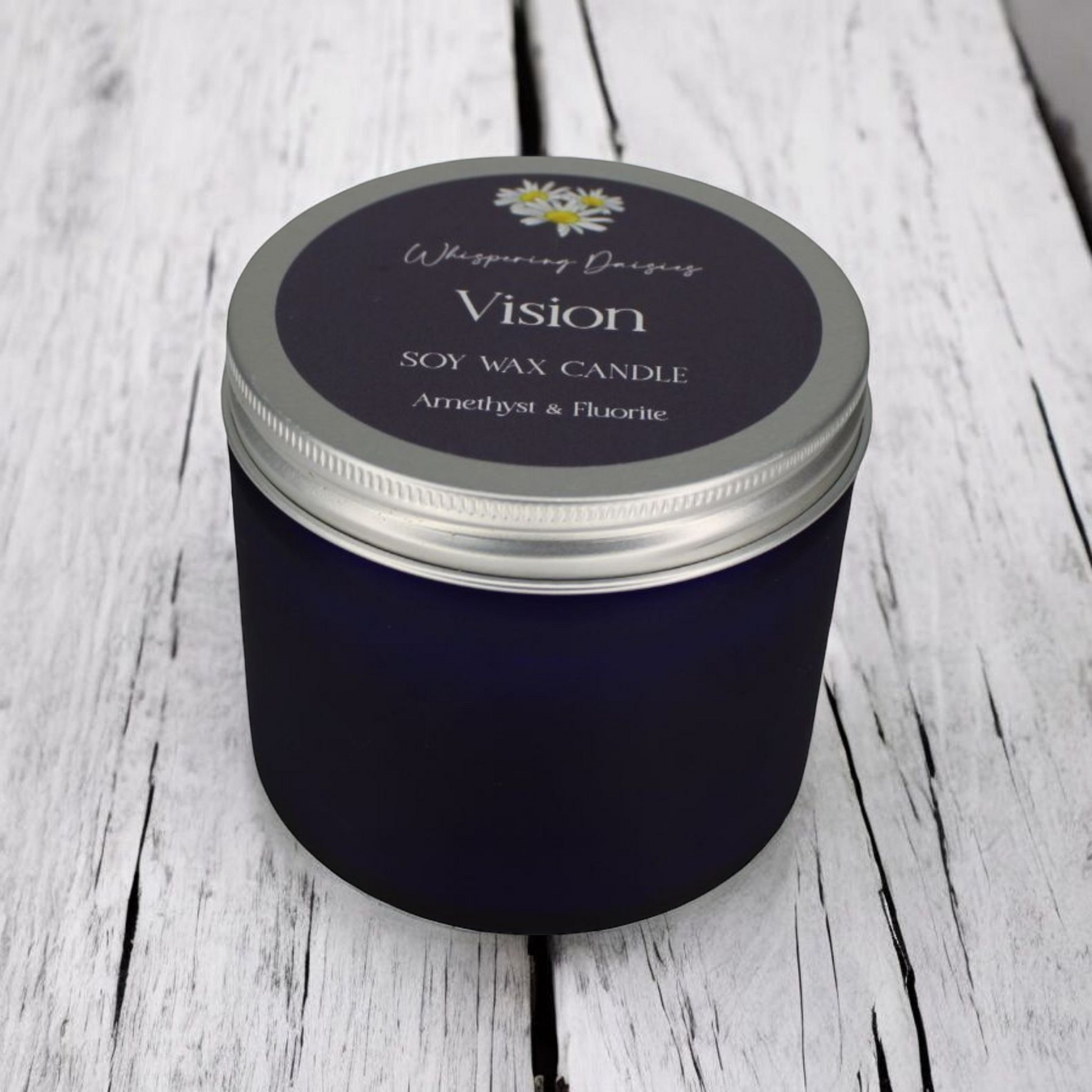 Vision Candle infused with fluorite and amethyst crystals, spa-like eucalyptus and mint scent, artisan-made candle.