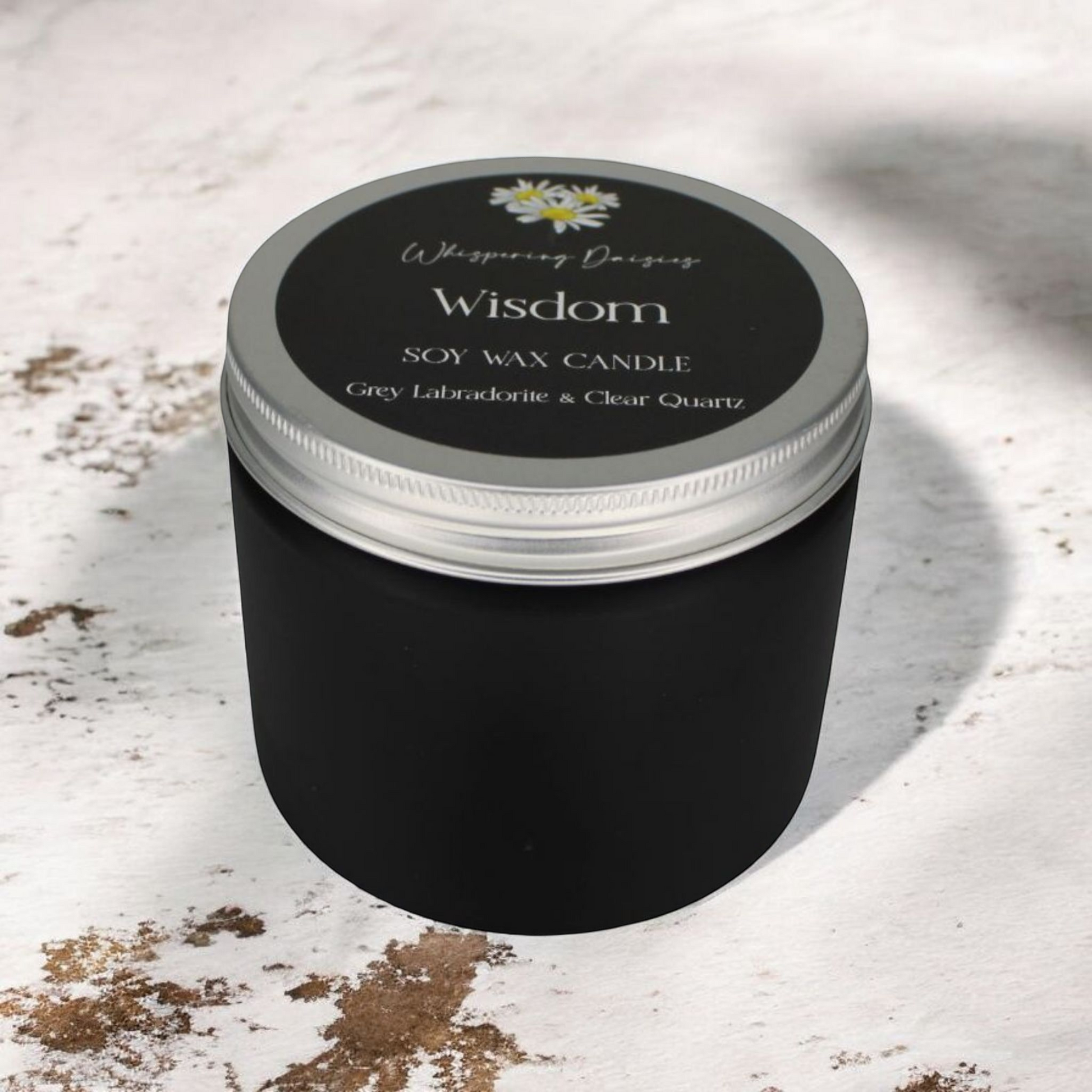 Wisdom Candle with clear quartz and grey labradorite crystals, fruity floral aroma, handmade by Whispering Daisies.
