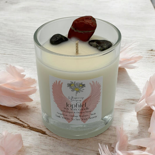 Jophiel Angel Candle in a clear glass jar, topped with jasper and dragon stone crystals, handmade soy candle from Whispering Daisies in North Devon.