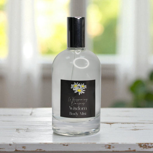 Clear bottle with black label on a wooden surface with a blurred background